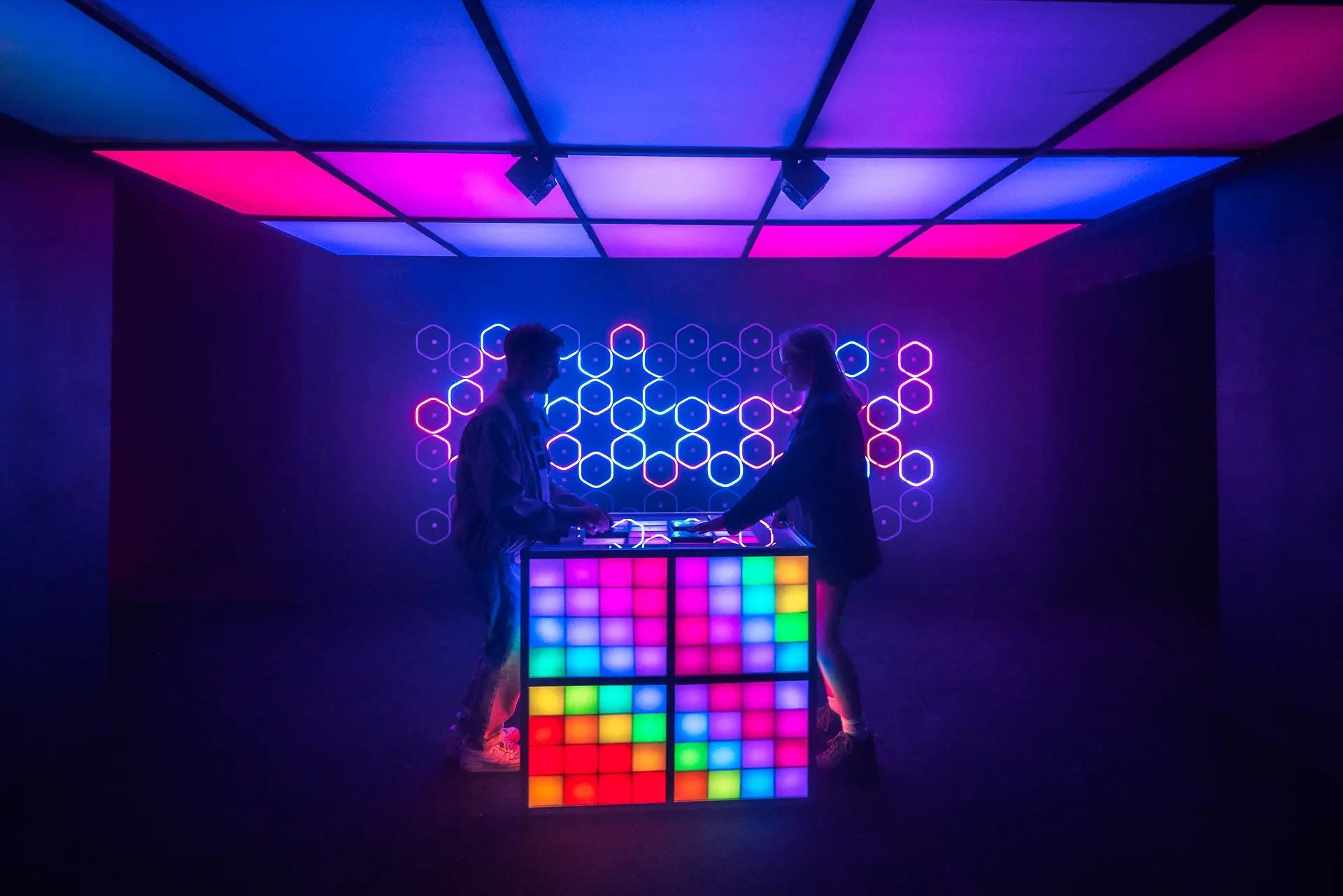 Panoramic interior shot showing the scale of the Depot Mayfield digital playground experience